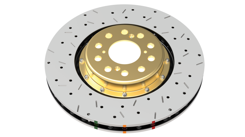 DBA 04-07 STi/2017 BRZ w/Perf. Pkg. 10 Hole Front Drilled/Slotted 5000 Series 2 Pc Rotor w/Gold Hat