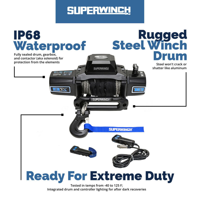 Superwinch 12000 LBS 12V DC 3/8in x 80ft Synthetic Rope SX12SR Winch - Semi Gloss Black