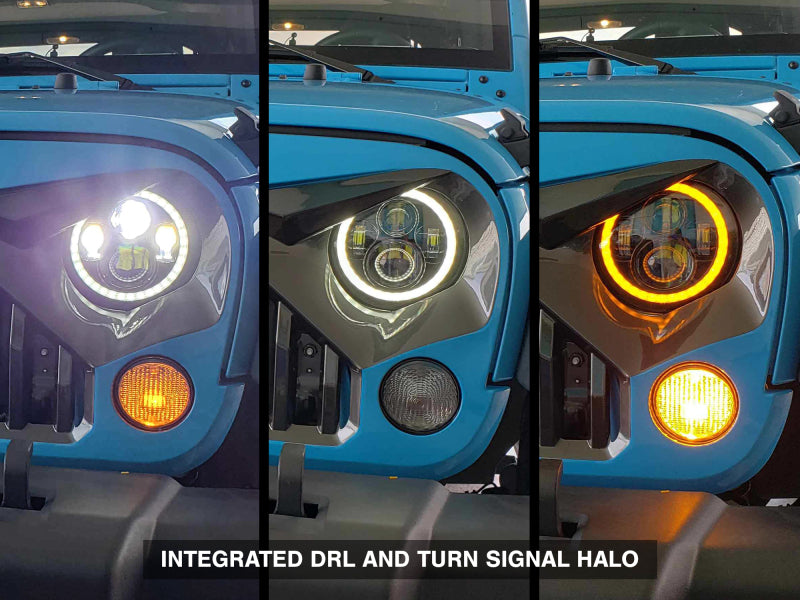 Raxiom 97-18 Jeep Wrangler TJ/JK Axial Halo Headlights w/ DRL Amber Signals- Black Hsng (Clear Lens)