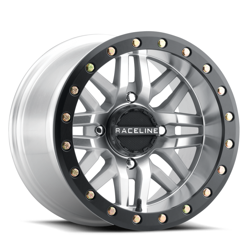 Raceline A91MA Ryno 15x7in/4x156 BP/10mm Offset/132.5mm Bore - Machined & Black Ring Beadlock Wheel